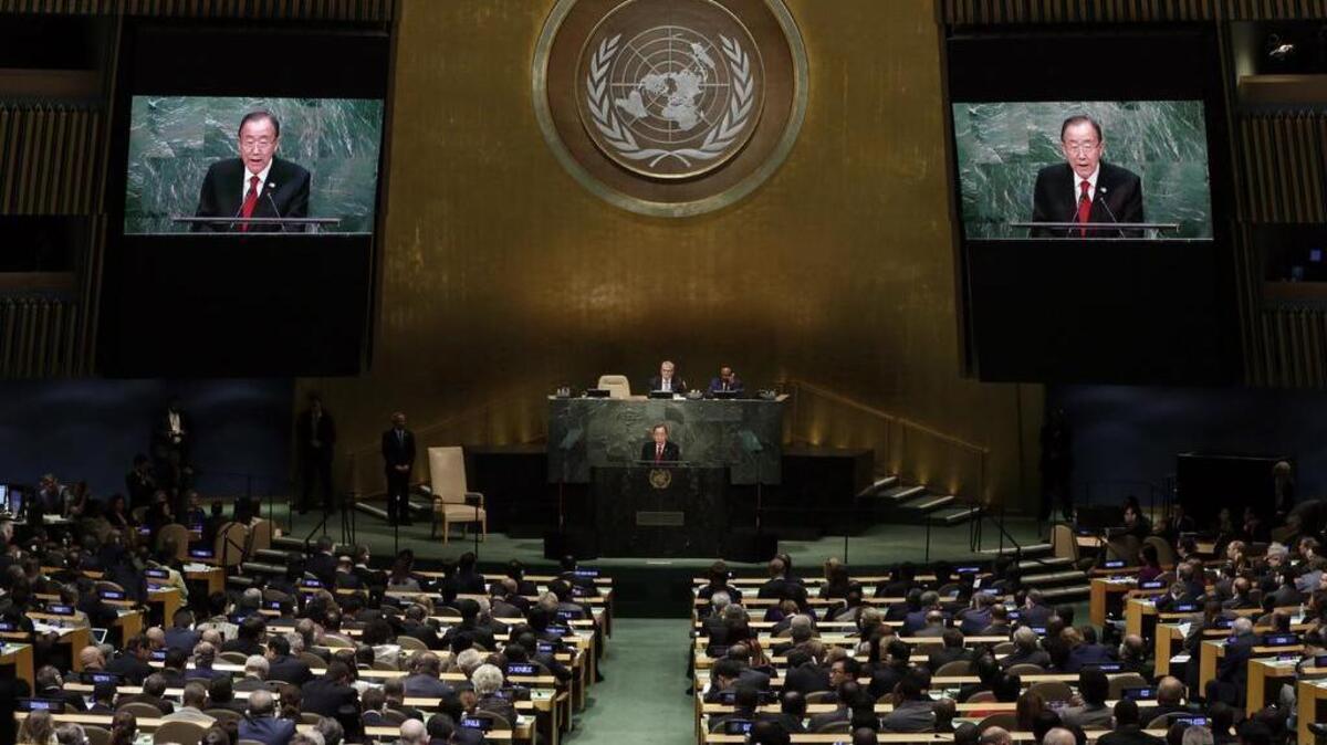 
U.N. Secretary General Ban Ki-moon addresses the 70th session of the United Nations General Assembly, Monday, Sept. 28, 2015. 
