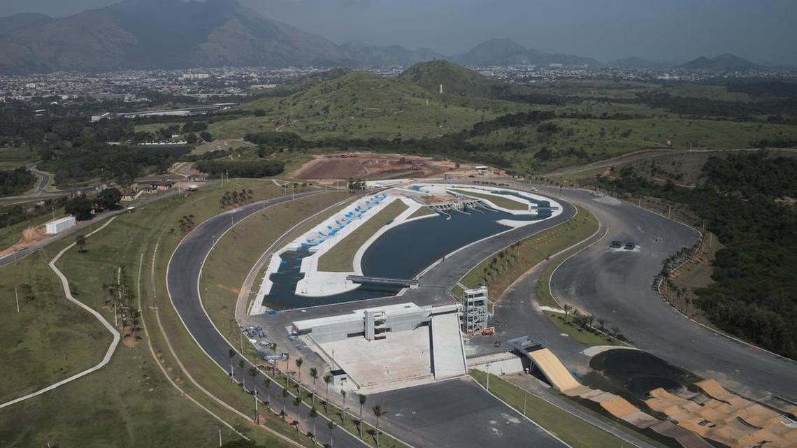 This view of Deodoro Olympic Park shows the canoe slalom circuit, center, and BMX circuit, right, during a flight on an army helicopter in Rio de Janeiro, Brazil, April 6, 2016. Brazilian Army aviation battalions, special forces, paratroopers and soldiers from various parts of Brazil are in Rio training for the Olympic games.