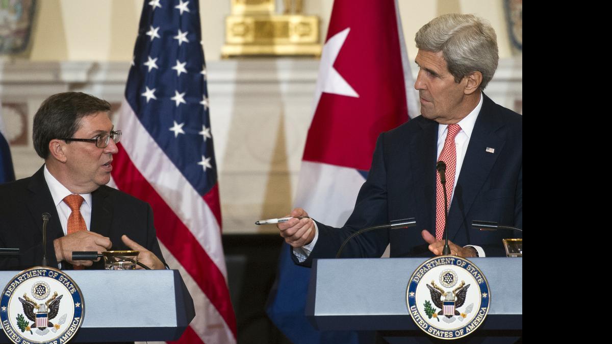 
Secretary of State John Kerry and Cuban Foreign Minister Bruno Rodriguez at their news conference Monday, the first time since 1958 a Cuban foreign minister had visited Washington.

