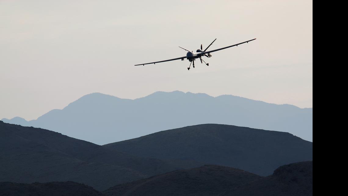 
A Reaper drone aircraft comes in for a landing during a training program at Creech Air Force Base in Nevada.
