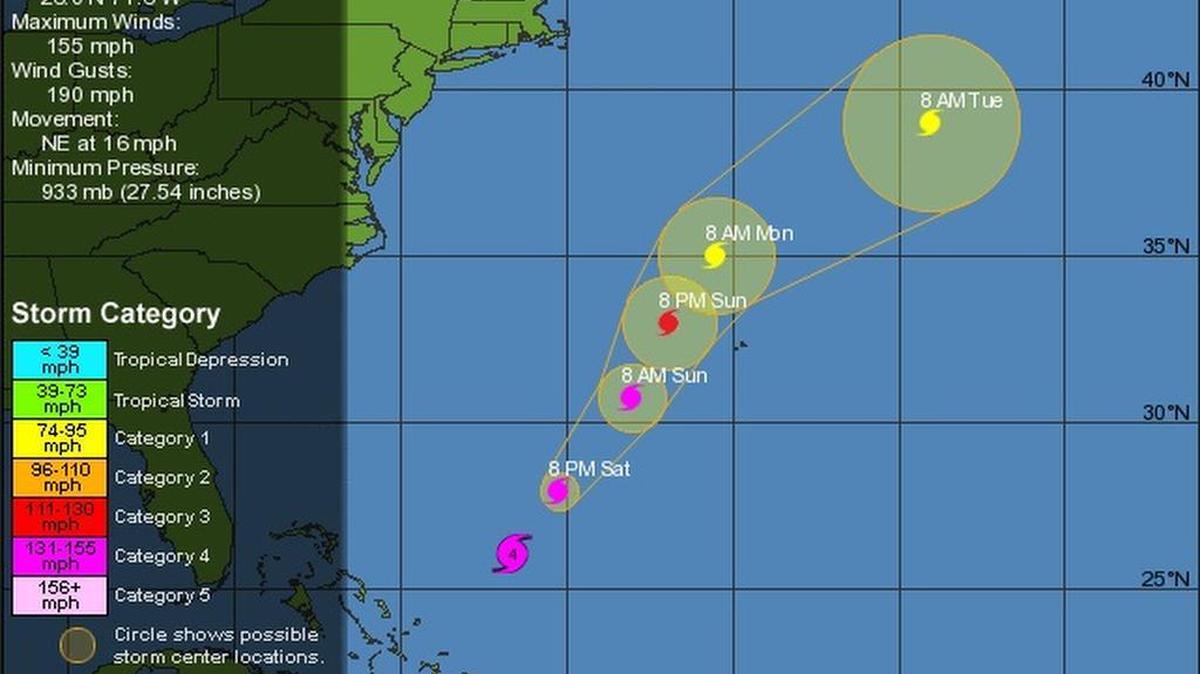 
Hurricane Joaquin’s projected path at noon Saturday, Oct. 3.
