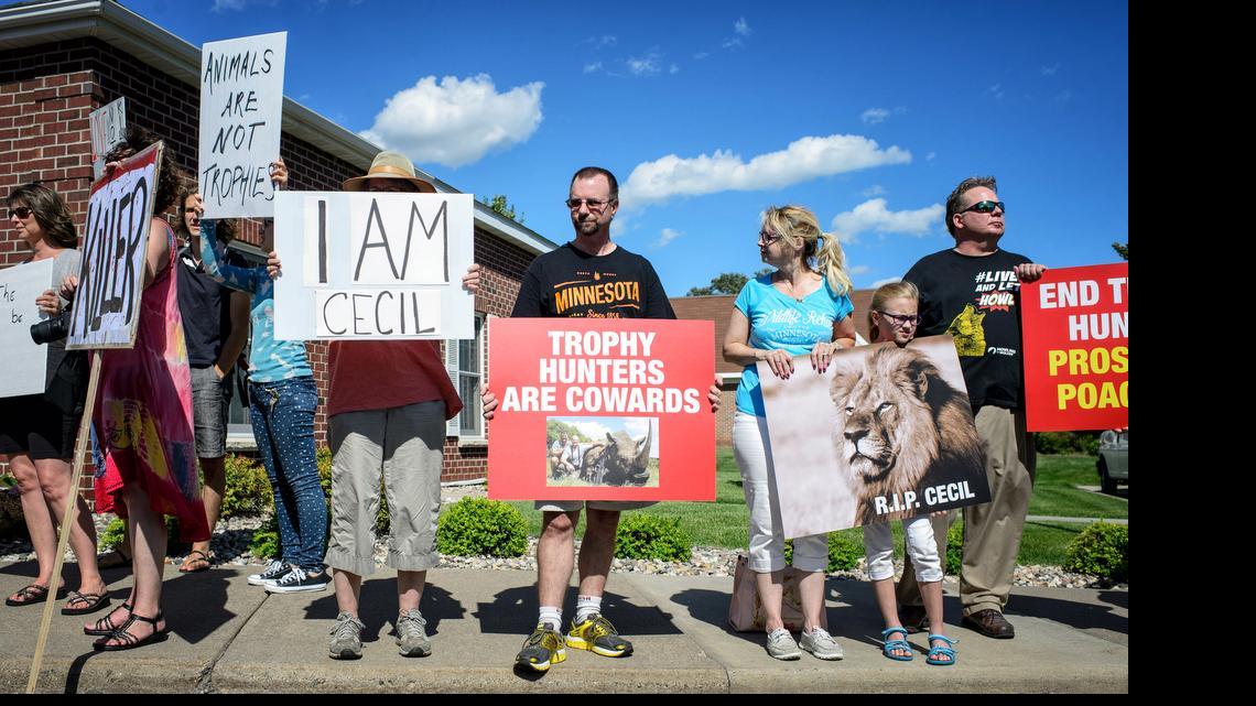 
Protestors from Animal Rights Coalition and Minnesota Animal Liberation gathered in front of Dr. Walter Palmer's dental practice, Wednesday, July 29, 2015, in Bloomington, Minn. Palmer has been under fire since his involvement in the death of Cecil the Lion became public. 
