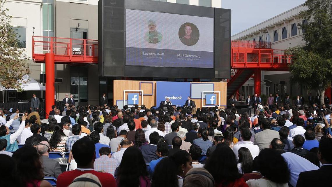
Indian Prime Minister Narendra Modi and Facebook CEO Mark Zuckerberg host a town hall meeting at Facebook headquarters in Menlo Park, Calif., on Sunday, Sept. 27, 2015. 
