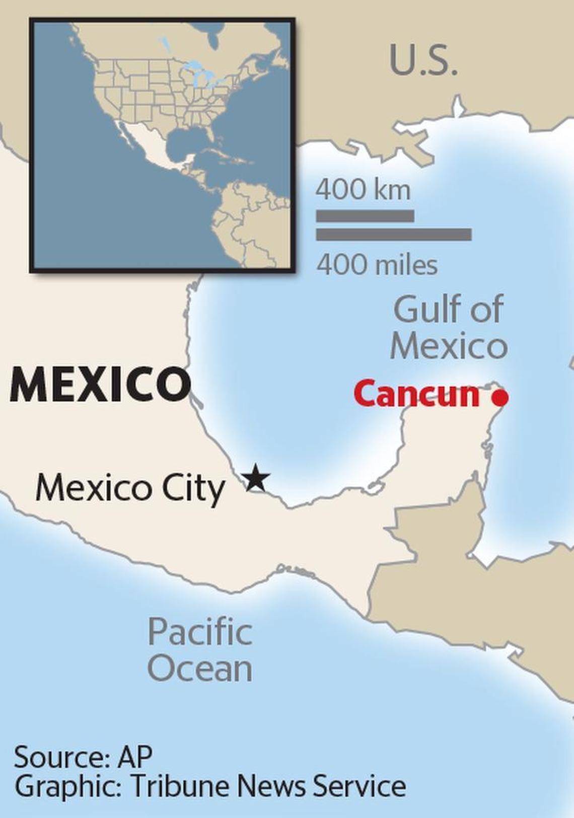 Map locator where violence has escalated again in Cancun, Mexico.