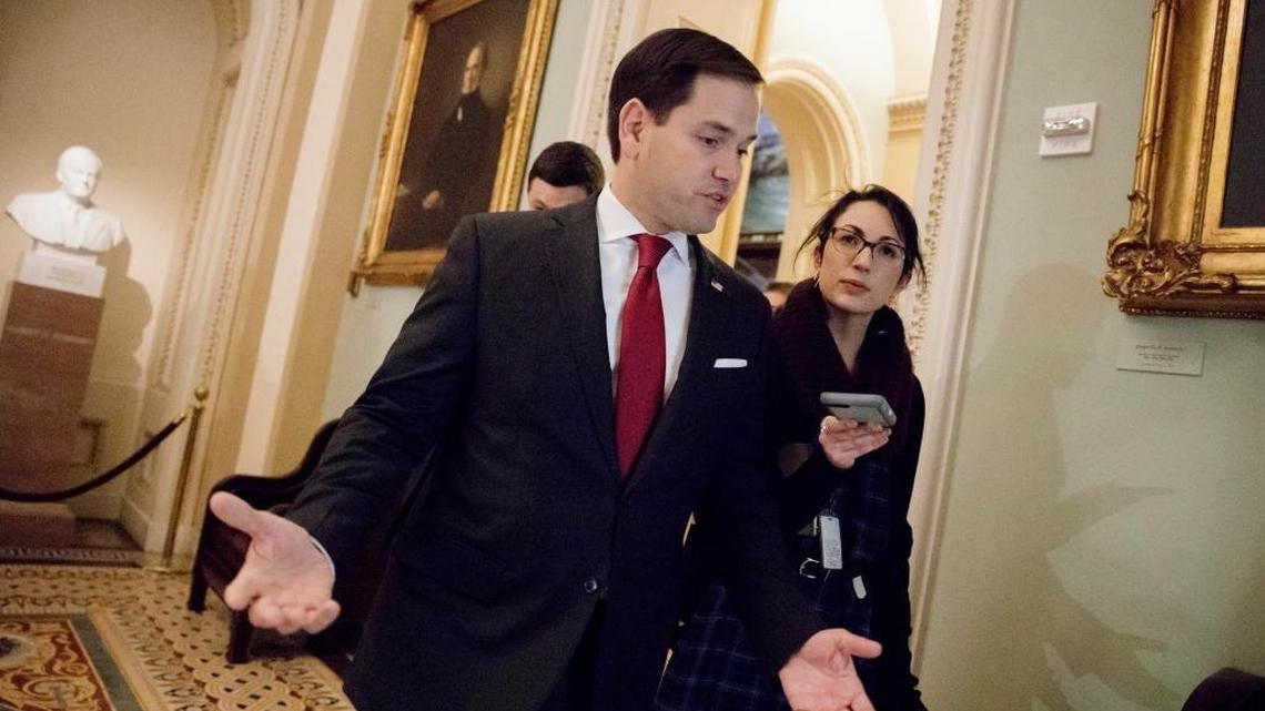 Sen. Marco Rubio, R-Fla. arrives for a Senate Republican strategy session at the Capitol in Washington, Tuesday, March, 14, 2017.