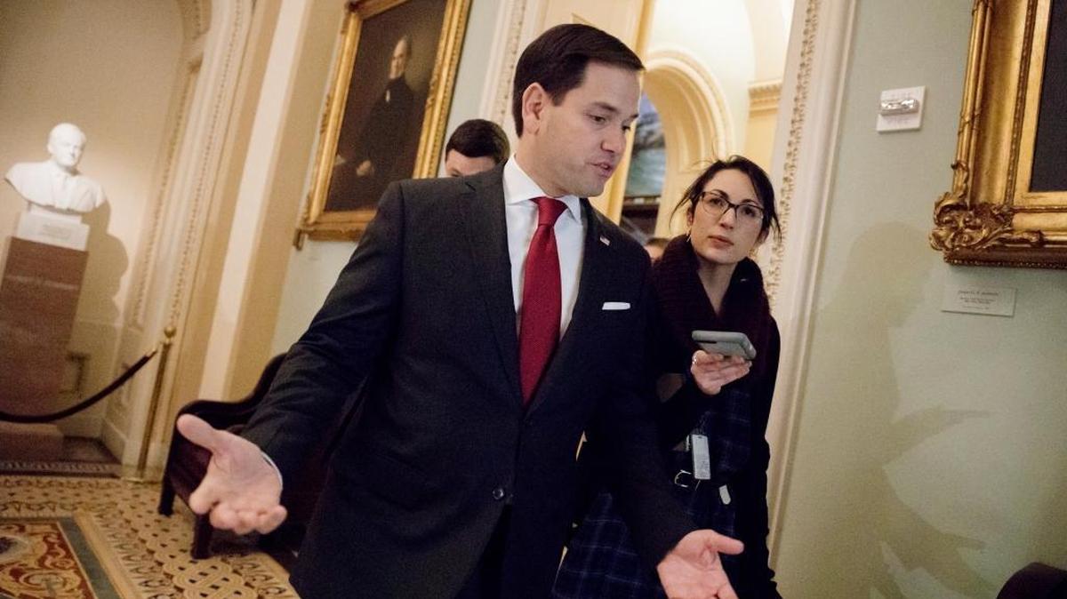 Sen. Marco Rubio, R-Fla. arrives for a Senate Republican strategy session at the Capitol in Washington, Tuesday, March, 14, 2017.
