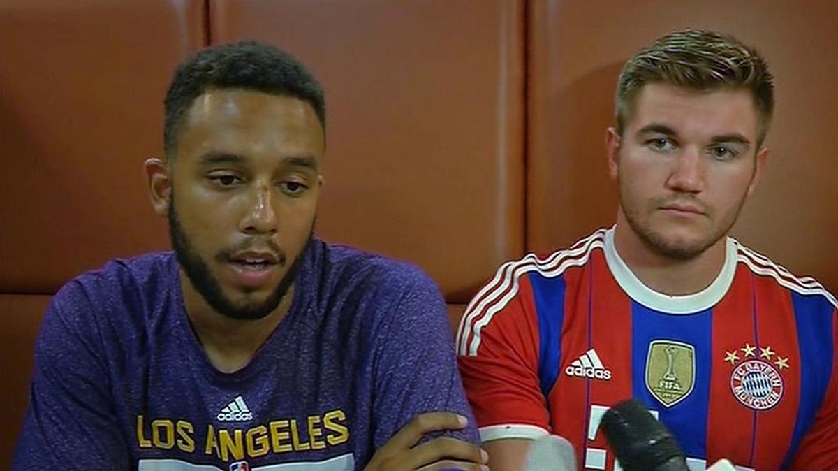 
In this image made from TV, Anthony Sadler, left, sits with Alek Skarlatos as they talk to the media Aug. 22, 2015, in Arras, France. Both helped overpower a high-speed train attacker. 

