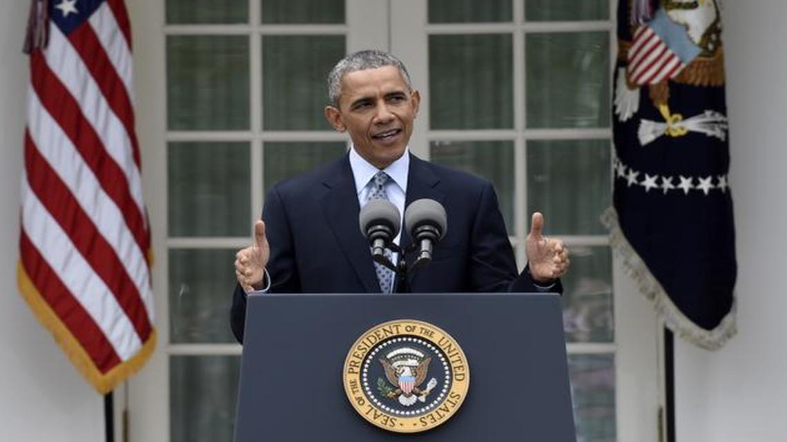 
President Barack Obama speaks in the Rose Garden of the White House in Washington, Thursday, April 2, 2015, about the breakthrough in the Iranian nuclear talks. The president heralded a framework nuclear understanding with Iran as an “historic” agreement that could pave the way for a final deal that would leave the U.S., its allies and the world safer. 
