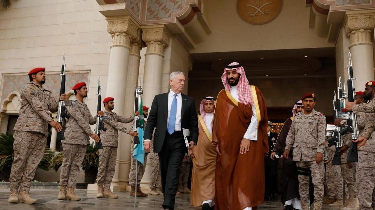U.S. Defense Secretary James Mattis (L) departs after meeting with Saudi Arabia's Deputy Crown Prince and Defense Minister Mohammed bin Salman (R) at the Ministry of Defense in Riyadh, Saudi Arabia on Wednesday.
