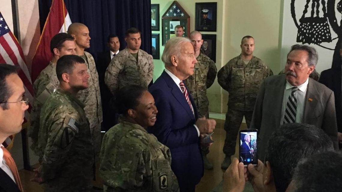 Vice President Joe Biden meets with U.S. diplomatic and military personnel at the U.S. Embassy in Baghdad on Thursday, April 28, 2016, during a brief visit to Iraq.
