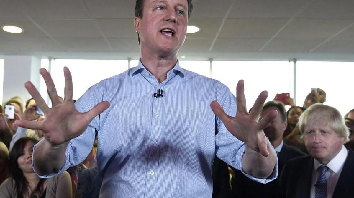 
 Britain's Prime Minister and Conservative Party leader David Cameron, speaking at an election rally in north London on May 5, 2015.
