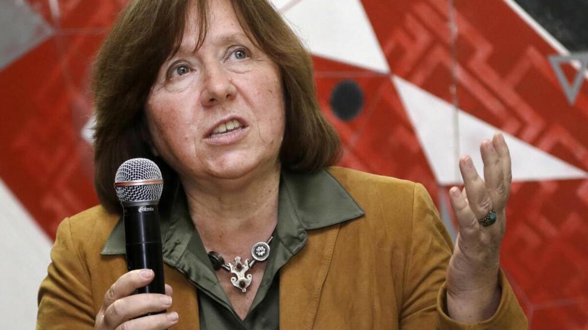 
Belarusian journalist Svetlana Alexievich, speaking in Minsk, Belarus, on Sept. 16, 2014.
