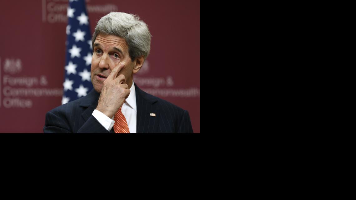 
U.S. Secretary of State John Kerry gestures during a press conference at the Foreign and Commonwealth Office in London, Thursday, Jan. 22, 2015. Kerry says Iraq and its international partners have made significant gains in the fight against Islamic State militants, killing thousands of the group’s fighters and 50 percent of its leadership. 
