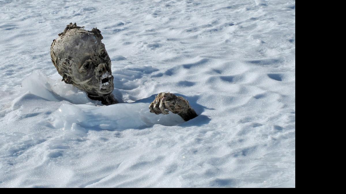
A mummified body photographed on March 5, 2015, is the body of a man discovered by Mexican alpinists on Pico de Orizaba, Mexico. Ice melting on the mountain caused by global warming exposed the mummy.
