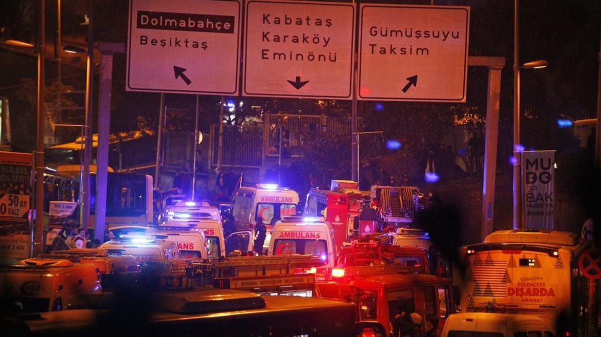 Rescue services rush to the scene of explosions near the Besiktas football club stadium, following at attack in Istanbul, late Saturday. Two loud explosions were heard near the newly built soccer stadium and witnesses at the scene said gunfire could be heard in what appeared to have been an armed attack on police. Turkish authorities have banned distribution of images relating to the Istanbul explosions within Turkey.