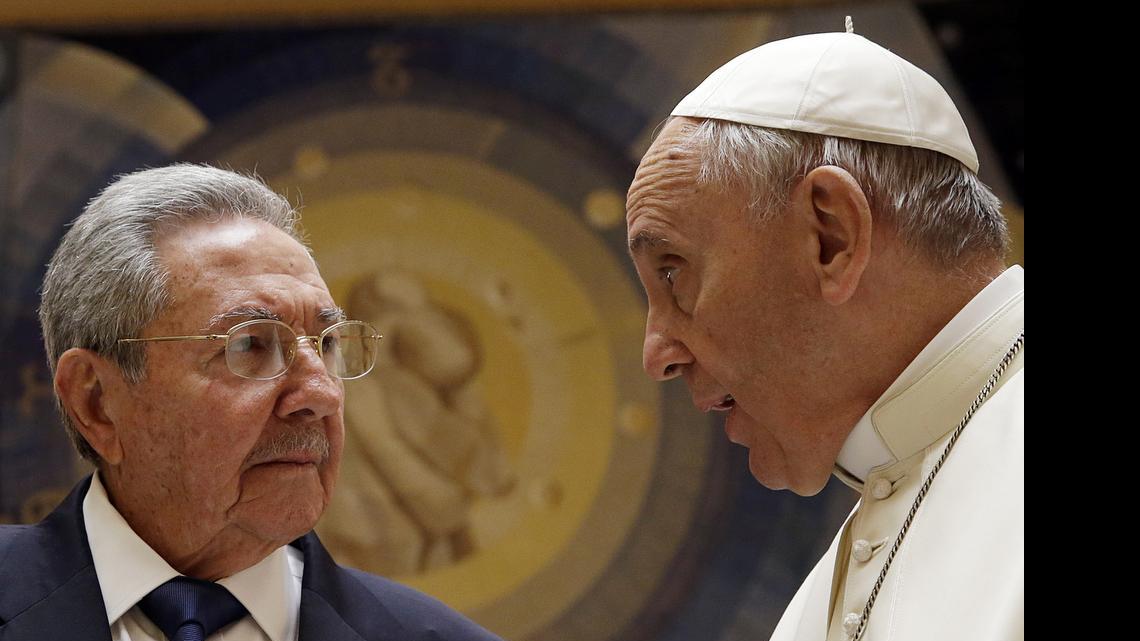 
Pope Francis meets Cuban President Raul Castro during a private audience at the Vatican, Sunday, May 10, 2015. Cuban President Raul Castro has been welcomed at the Vatican by Pope Francis, who played a key role in the breakthrough between Washington and Havana aimed at restoring U.S.-Cuban diplomatic ties.

