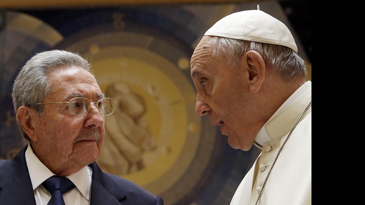 
Pope Francis meets Cuban President Raul Castro during a private audience at the Vatican, Sunday, May 10, 2015. Cuban President Raul Castro has been welcomed at the Vatican by Pope Francis, who played a key role in the breakthrough between Washington and Havana aimed at restoring U.S.-Cuban diplomatic ties.
