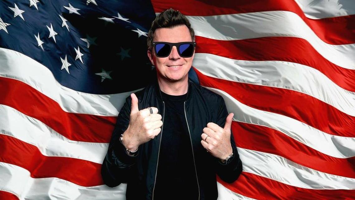 Rick Astley’s Twitter account posted this photo to announce his return performances to America on Wednesday and Thursday, in New York City and Los Angeles.
