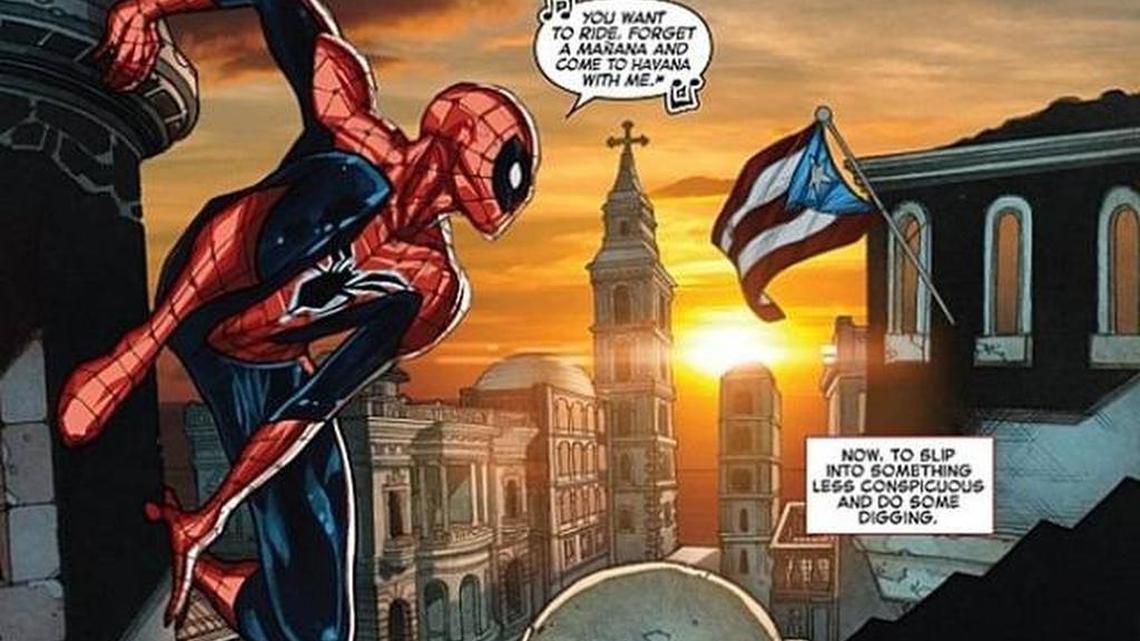 Original drawing of Spider-Man in Cuba with the Puerto Rican flag.