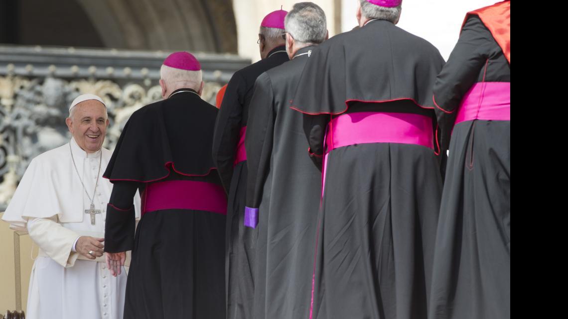 
Pope Francis, left, greets cardinals and bishops at the end of his weekly general audience, in St. Peter's Square, at the Vatican, April 15, 2015.

