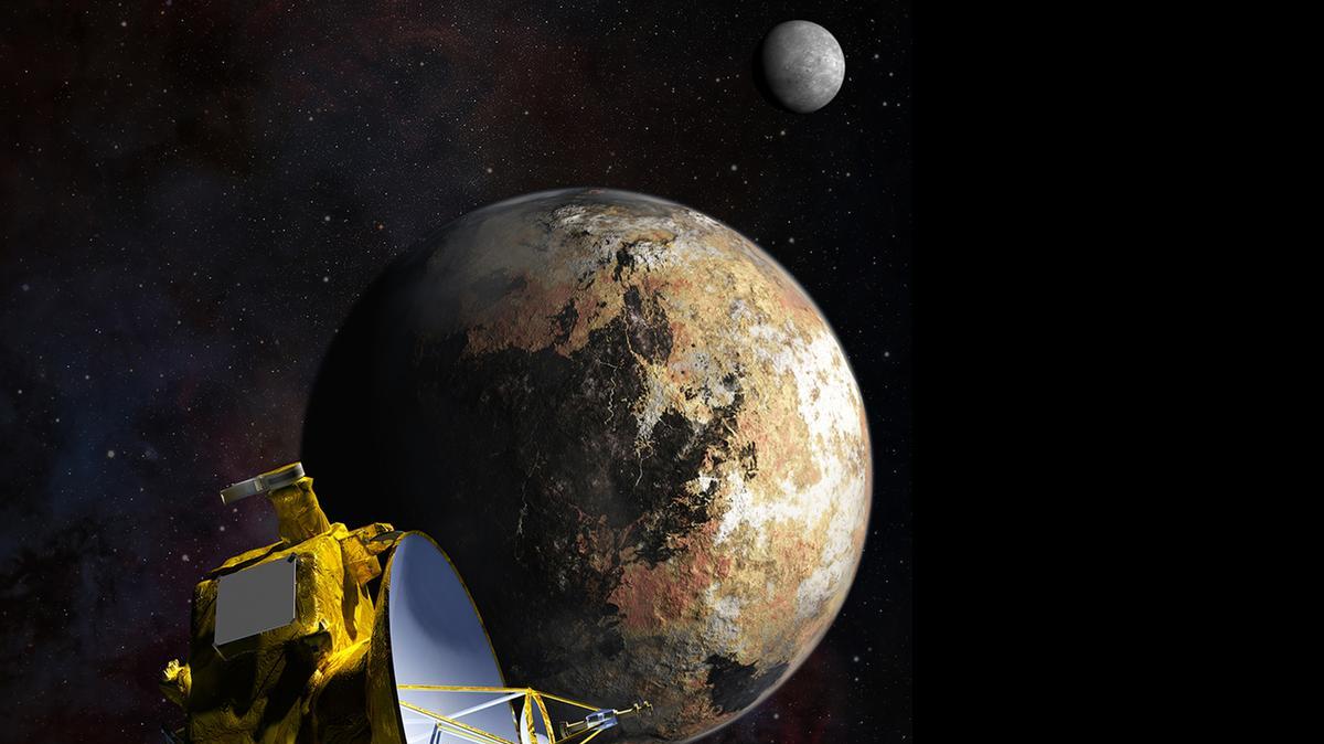 
Artist's impression of NASA's New Horizons spacecraft as it passes Pluto and Pluto's largest moon, Charon, in July 2015. 
