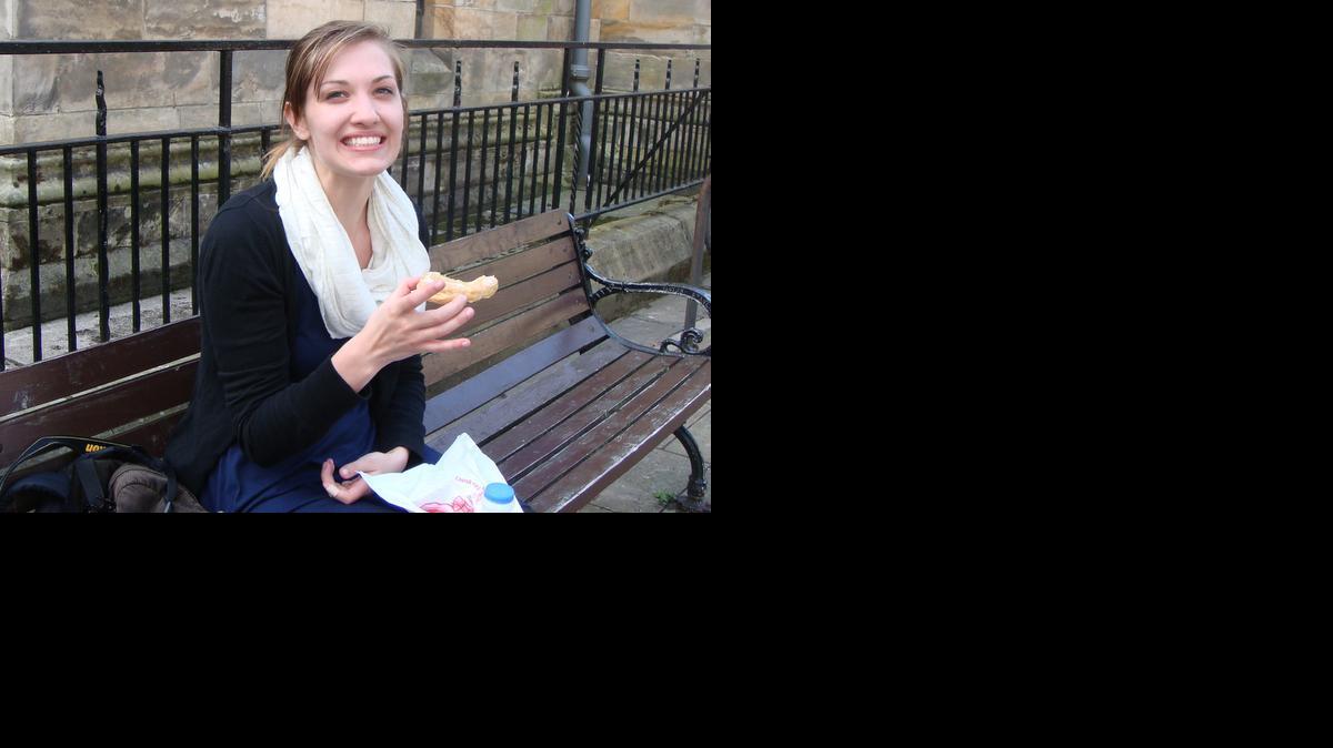 
This photo provided by Xela Batchelder, shows Emily Selke as she enjoys a treat outside Fisher & Donaldson Bakery in St. Andrews, Scotland, on Aug. 1, 2013, on a excursion that was part of a study abroad with Drexel University and Fringe University. Selke, a recent Drexel University graduate and her mother, Yvonne Selke, were among the three Americans presumed dead in the plane crash in the southern French Alps, according to the U.S. State Department on Wednesday, March 25, 2015. 
