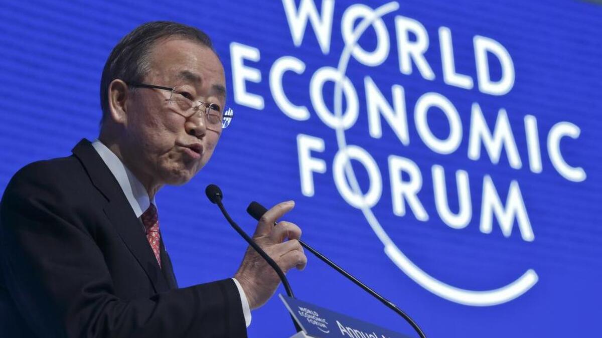 UN Secretary-General Ban Ki-moon gestures as he speaksThursday at the World Economic Forum in Davos, Switzerland. Ban has informed the General Assembly that 15 countries, including oil producer Venezuela, are in arrears in paying their annual contribution to the U.N. regular budget, which means they can’t vote in the 193-member world body unless there are exceptional circumstances.
