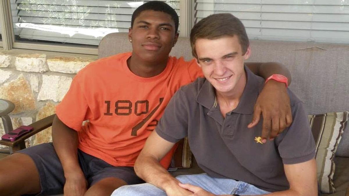 This 2016 photo provided by John Gramlich shows Bakari Henderson, left, with friend Travis Jenkins, in Austin, Texas. Henderson, of Austin and a recent graduate from the University of Arizona, was beaten to death early Friday, July 7, 2017, at a bar in Lagana on the Greek island of Zakynthos.