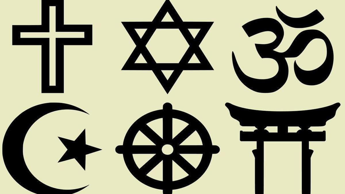 First row: Christian Cross, Jewish Star of David, Hindu Aumkar. Second Row: Islamic Star and crescent, Buddhist Wheel of Dharma, Shinto Torii. Third Row: Sikh Khanda, Bahá'í star, Jain Ahimsa Symbol.