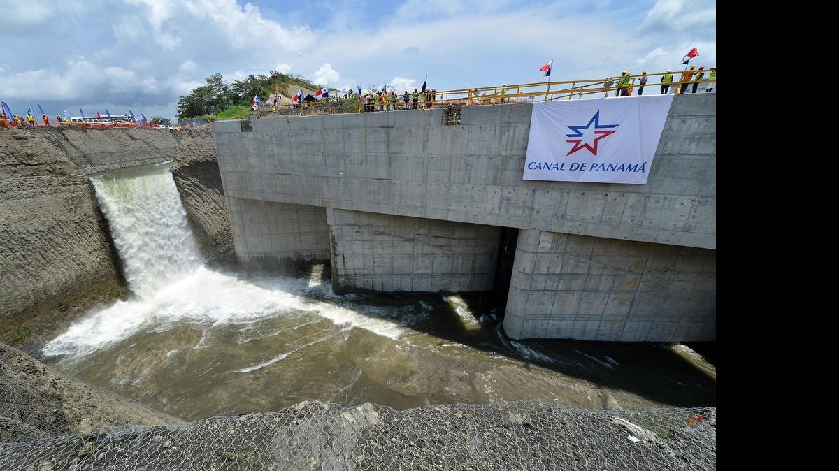 
Water rush into the lower chamber of new 11-story locks on the Atlantic side of the Panama Canal expansion.
