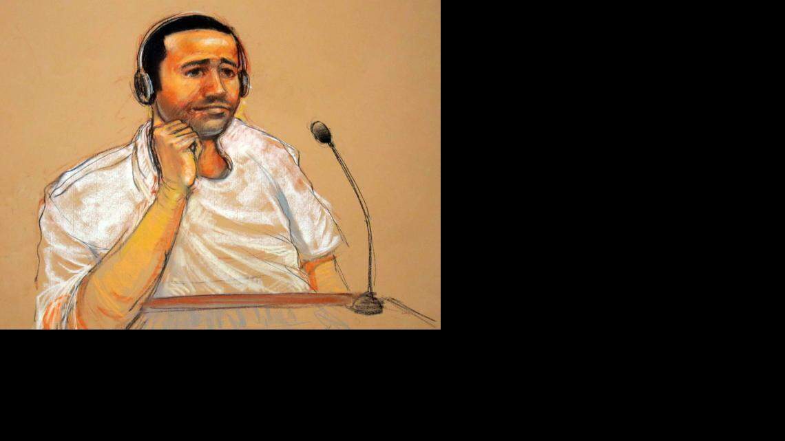 
Abd al Rahim al Nashiri is depicted in a courtroom artist’s sketch during his military commissions arraignment at the Guantánamo Bay, Cuba, detention center Nov. 9, 2011. A military judge ruled Monday that the prison provides adequate health care to the accused mastermind of the USS Cole bombing as he awaits his death penalty tribunal.

