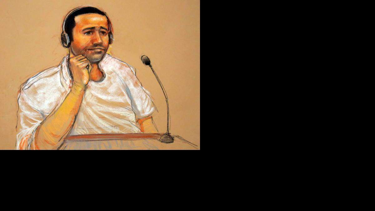 
Abd al Rahim al Nashiri is depicted in a courtroom artist’s sketch during his military commissions arraignment at the Guantánamo Bay, Cuba, detention center Nov. 9, 2011. A military judge ruled Monday that the prison provides adequate health care to the accused mastermind of the USS Cole bombing as he awaits his death penalty tribunal.
