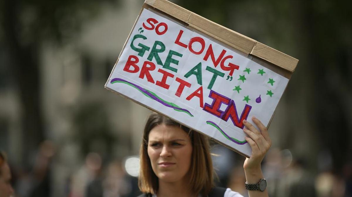 Demonstrators opposing Britain’s exit from the European Union protest in Parliament Square in London on Saturday, June 25, 2016. Britain voted to leave the European Union after a bitterly divisive referendum campaign.