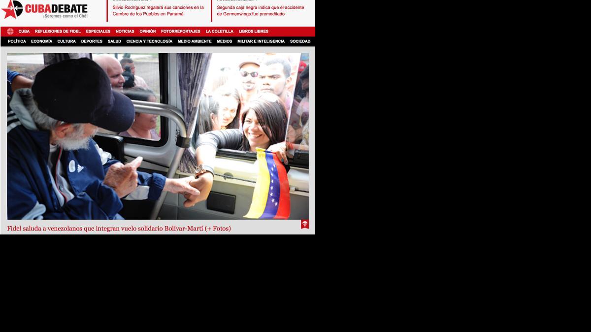 
A screenshot of Cuba’s website Cubadebate shows Fidel Castro on their opening page in Havana, Cuba, Saturday, April 4, 2015. Former longtime Cuban President Fidel Castro has appeared in public for the first time in more than a year. The official website Cubadebate says Castro showed up to greet a group of Venezuelans visiting the capital of Havana last Monday. 
