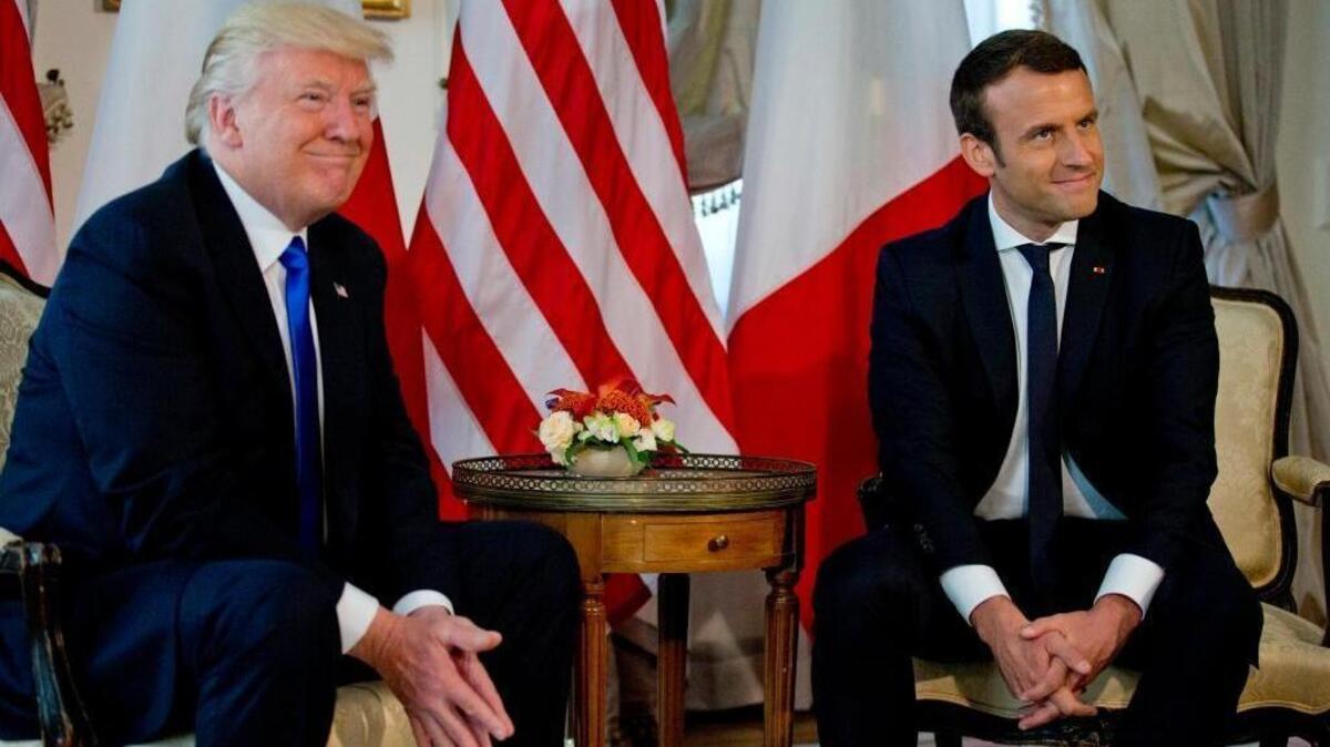 U.S. President Donald Trump meets with French President Emmanuel Macron at the U.S. ambassador's residence in Brussels, Thursday, May 25, 2017.