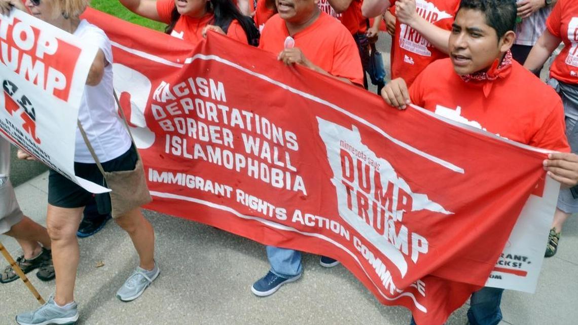 Members of the Immigrant Rights Action Committee participated in an anti-Trump rally in Cleveland on Monday.