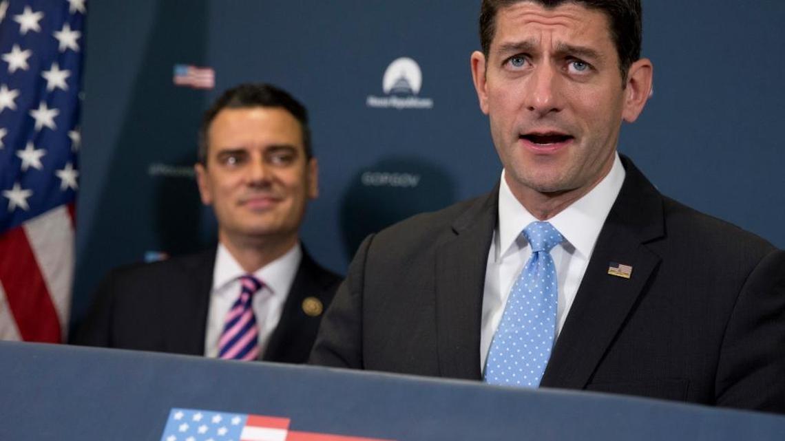 Rep. Kevin Yoder, R-Kan., watches as House Speaker Paul Ryan, R-Wis., speaks during a news conference on Capitol Hill, Wednesday, April 27, 2016. Yoder remained undecided until the last moment before voting “yes” on the Republican health bill. He is likely to face political fallout for his choice.