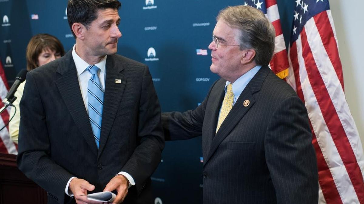 Rep. John Culberson, R-Texas, right, and Speaker of the House Paul Ryan, R-Wis., conduct a news conference in the Capitol on Hurricane Harvey relief efforts and DACA.