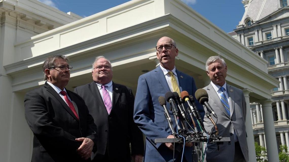 Rep. Greg Walden, R-Ore., speaks to reporters outside the White House in Washington, Wednesday, May 3, 2017, following a meeting with President Donald Trump on health care revisions. From left are Reps. Michael Burgess, R-Texas, Billy Long, R-Mo., and Fred Upton, R-Mich.
