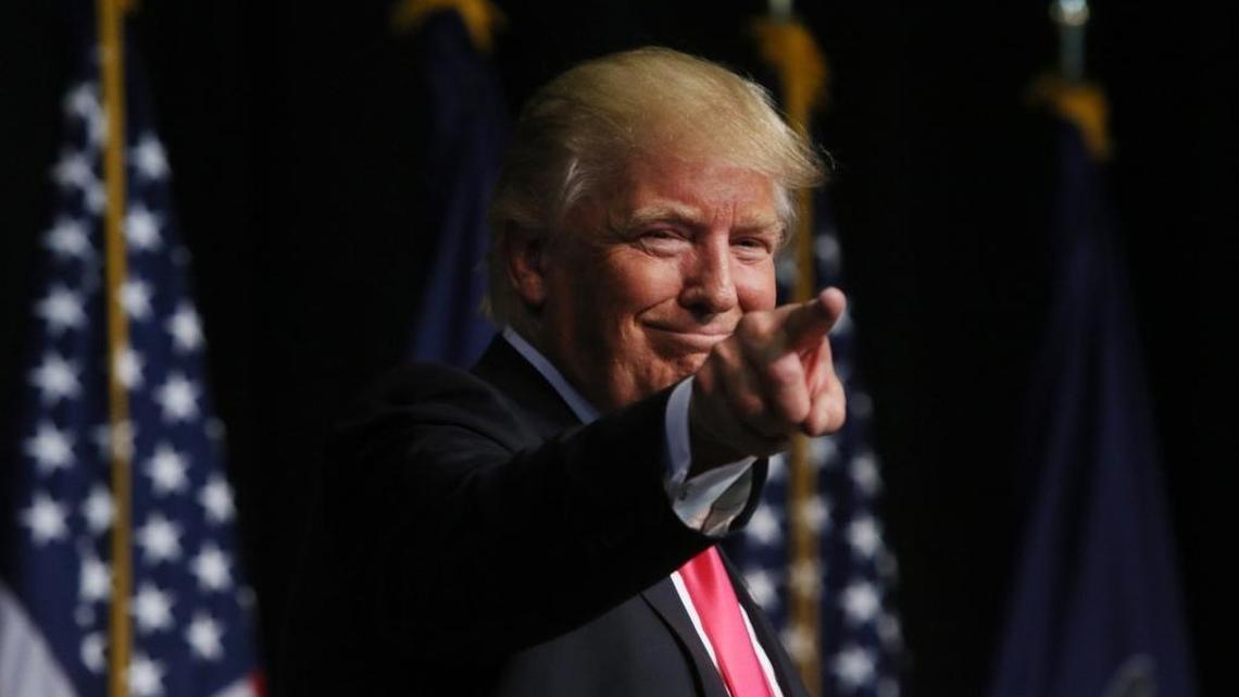 Republican presidential candidate Donald Trump points to the crowd after speaking during a campaign rally at Lackawanna College, Wednesday, July 27, 2016, in Scranton, Pa.