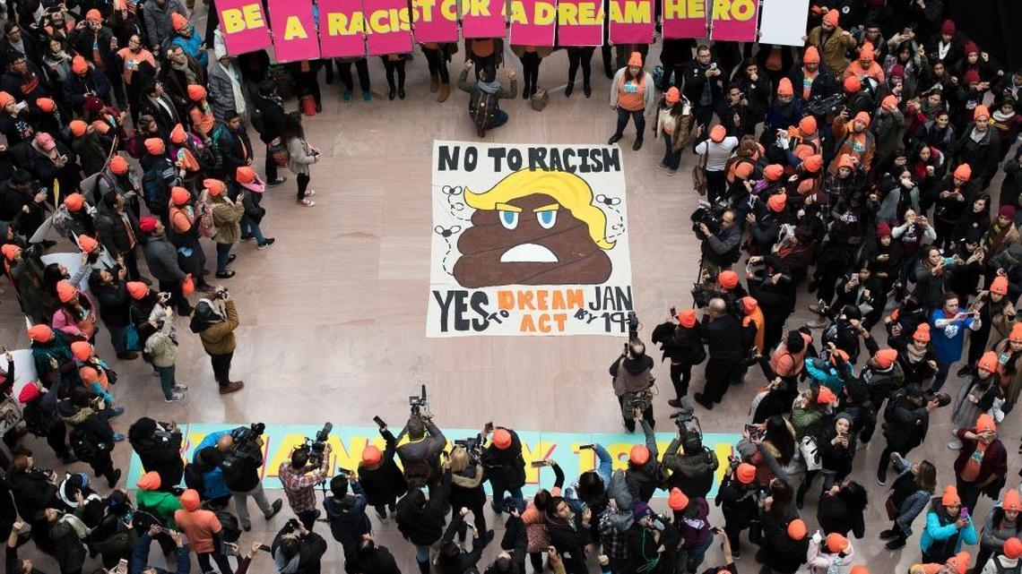Protesters demonstrate over the fate of the Deferred Action for Childhood Arrivals program, on Capitol Hill in Washington on Tuesday.
