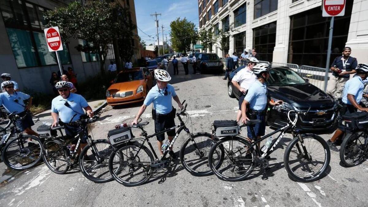 Philadelphia police gather along North Broad Street on Sept, 2, 2016 in Philadelphia. Donald Trump stumps today for African-American votes in a private meeting at "The View," a North Broad Street catering hall run by a nonprofit operated by Greater Exodus Baptist Church.
