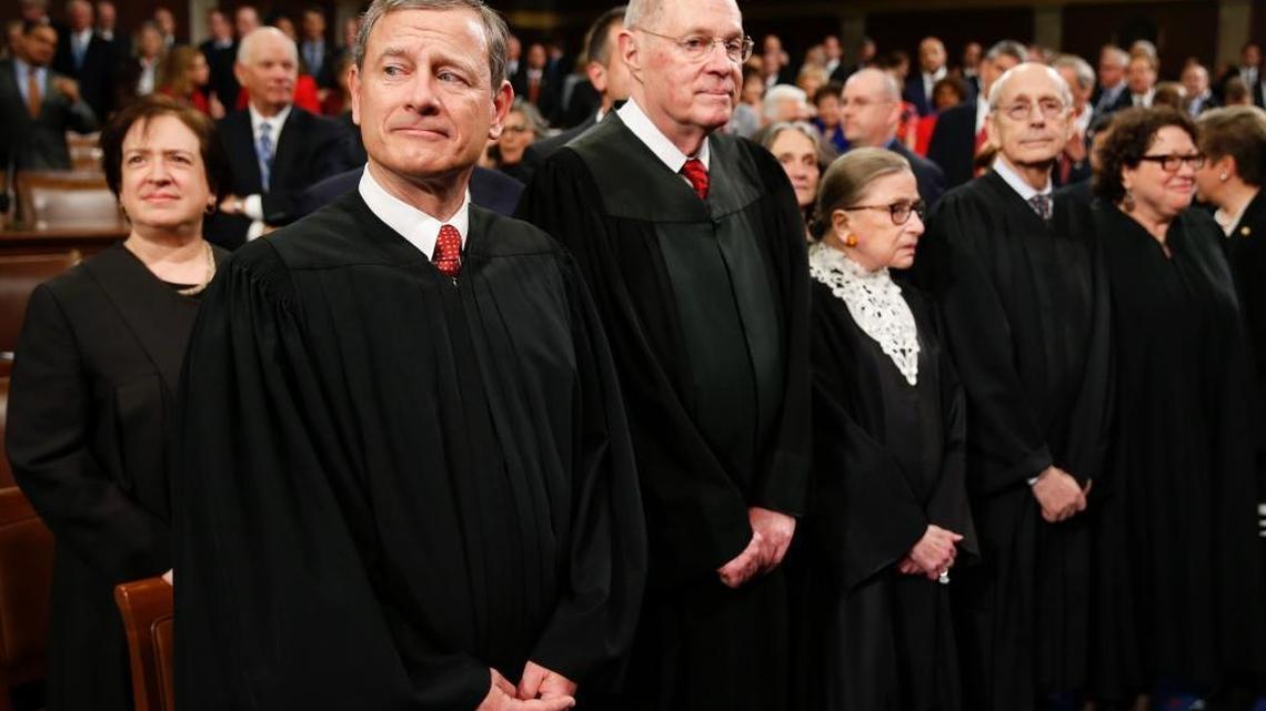 Supreme Court Justice Elena Kagan, from left, Chief Justice John Roberts, Justice Anthony Kennedy, Justice Ruth Bader Ginsburg, Justice Stephen Breyer, and Justice Sonia Sotomayor arrive before President Barack Obama delivers the State of the Union address on Capitol Hill in Washington, Jan. 12, 2016.