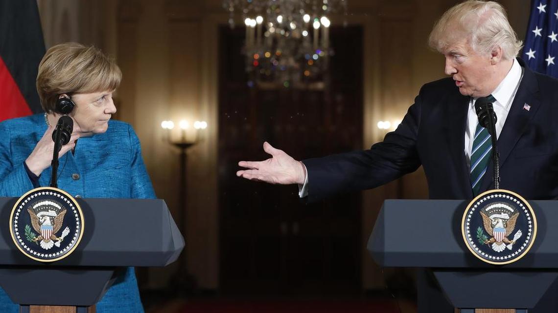 President Donald Trump and German Chancellor Angela Merkel participate in a joint news conference in the East Room of the White House in Washington, Friday, March 17, 2017.