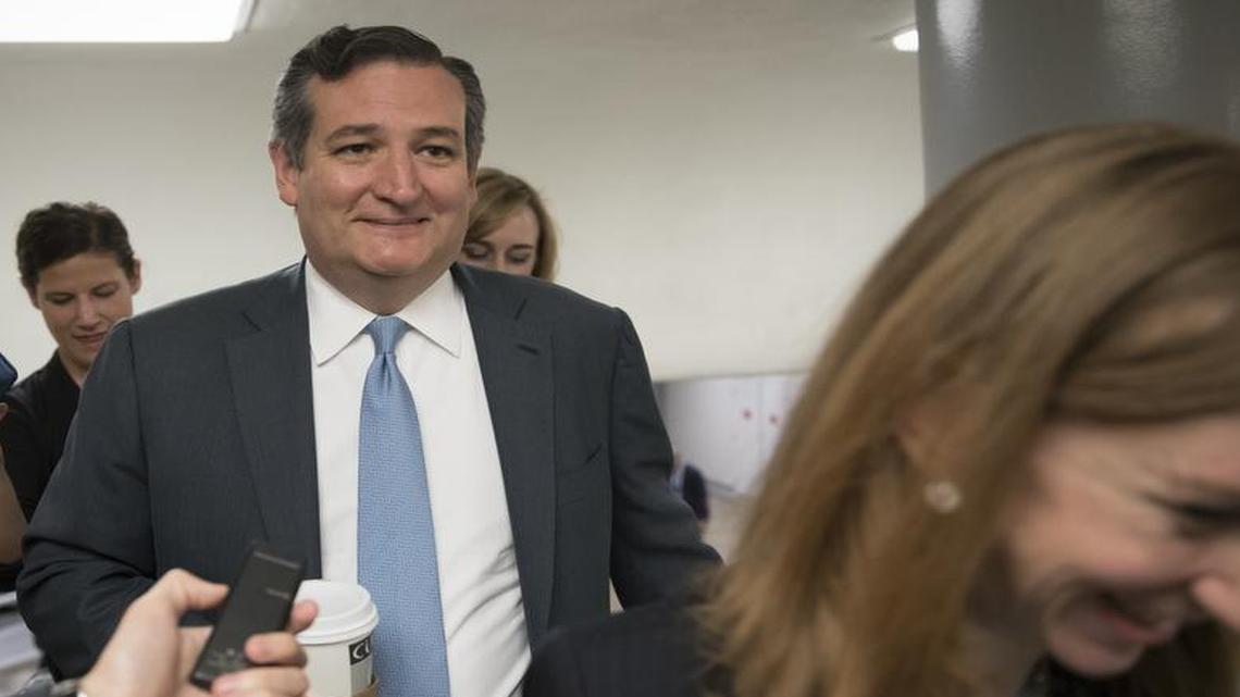 Sen. Ted Cruz, R-Texas, and other lawmakers head to the Senate on Capitol Hill in Washington, Thursday, July 13, 2017, for a meeting on the revised Republican health care bill.