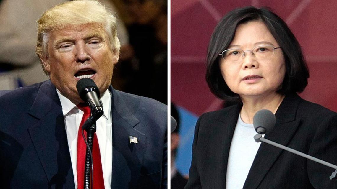 This combination of two photos shows President-elect Donald Trump, left, speaking in Cincinnati this month, and Taiwan’s President Tsai Ing-wen delivering a speech during National Day celebrations in Taipei in October.