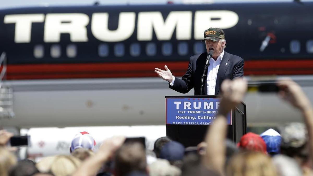 Republican presidential candidate Donald Trump speaks at a campaign rally at the Redding Municipal Airport Friday in Redding, Calif.