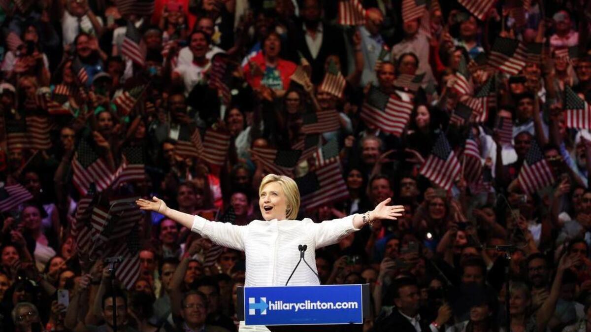 Democratic presidential candidate Hillary Clinton speaks during a presidential primary election night rally, Tuesday, June 7, 2016, in New York.