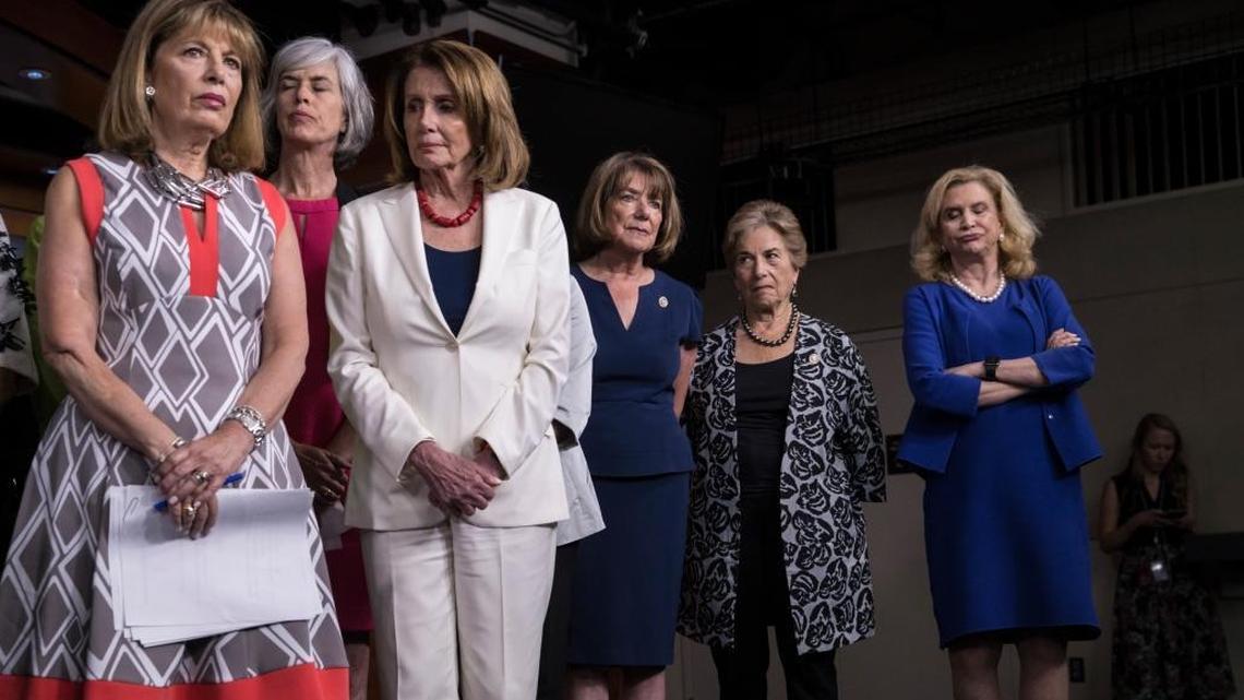 From left, Rep. Jackie Speier, D-Calif., Rep. Katherine Clark, D-Mass., House Minority Leader Nancy Pelosi, D-Calif., Rep. Susan Davis, D-Calif., Rep. Jan Schakowsky, D-Ill., and Rep. Carolyn Maloney, D-N.Y., stand with fellow House members to speak out against President Donald Trump's tweet about a female cable TV anchor during a news conference at the Capitol in Washington, on June 29, 2017. Speier is working on new legislation to make it easier to combat sexual harassment in Congress.