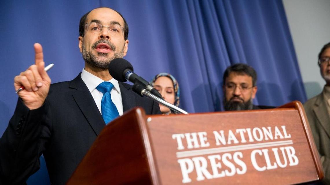 Executive Director and Founder of the Council on American-Islamic Relations Nihad Awad speaks at a press conference held by the U.S. Council of Muslim Organizations at the National Press Club in Washington, Monday, Dec. 21, 2015, to announce 'major initiatives to address growing islamophobia in America and to enhance national security' speaks at a press conference.
